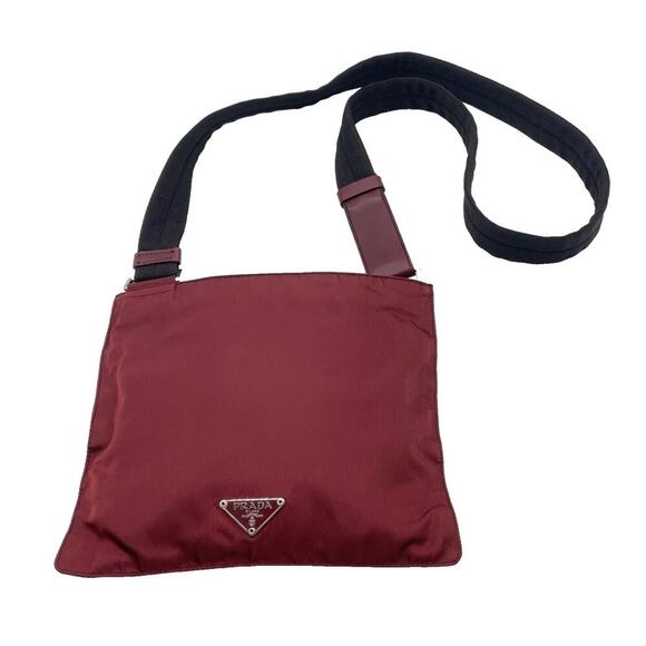 Prada Vela Flat Messenger Bag Triangle Logo Bordeaux Red Nylon Plate - Picture 14 of 14